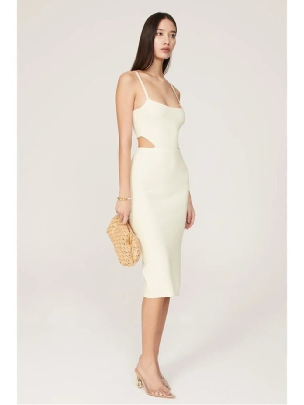 Toccin Lois Cut Out Tank Midi Dress S Cream Side Slit Knit Bodycon Cotton Wool